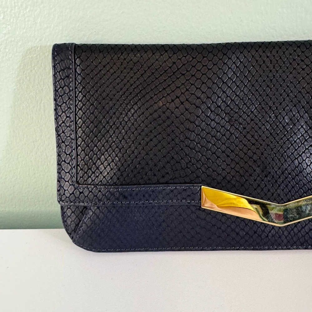 Time's Arrow Calfskin Gya Clutch Gongola Purse Flap Over Evening Party Prom Navy - Picture 6 of 9